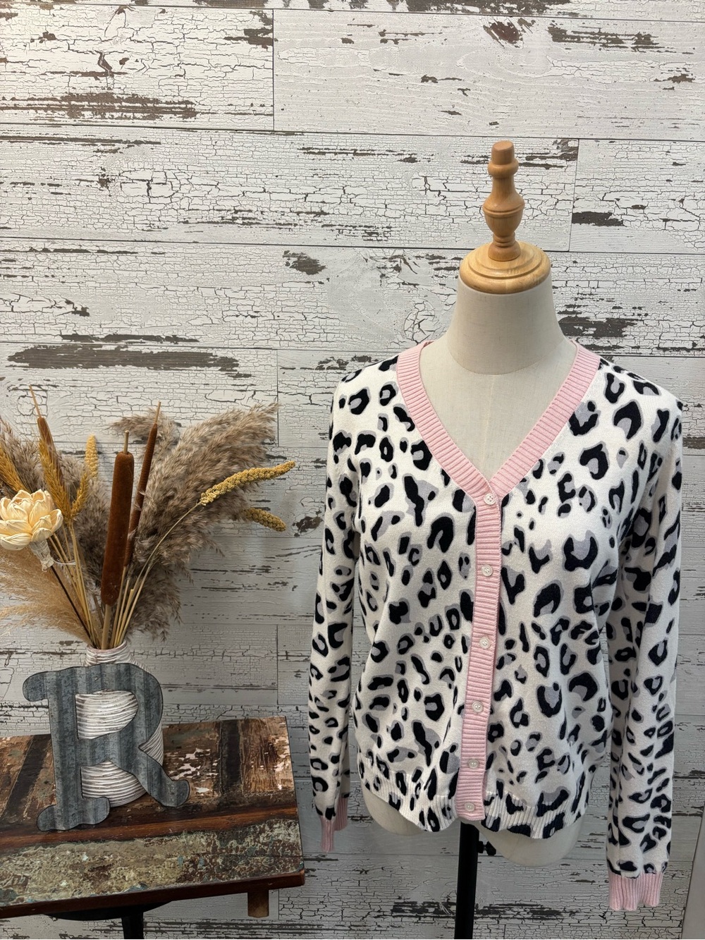 Whispers Leopard Print V-Neck Cardigan with Pink Trim